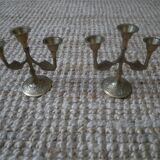Pair of brass candlesticks in gold metal, Scandinavian bohemian decoration, old candlesticks