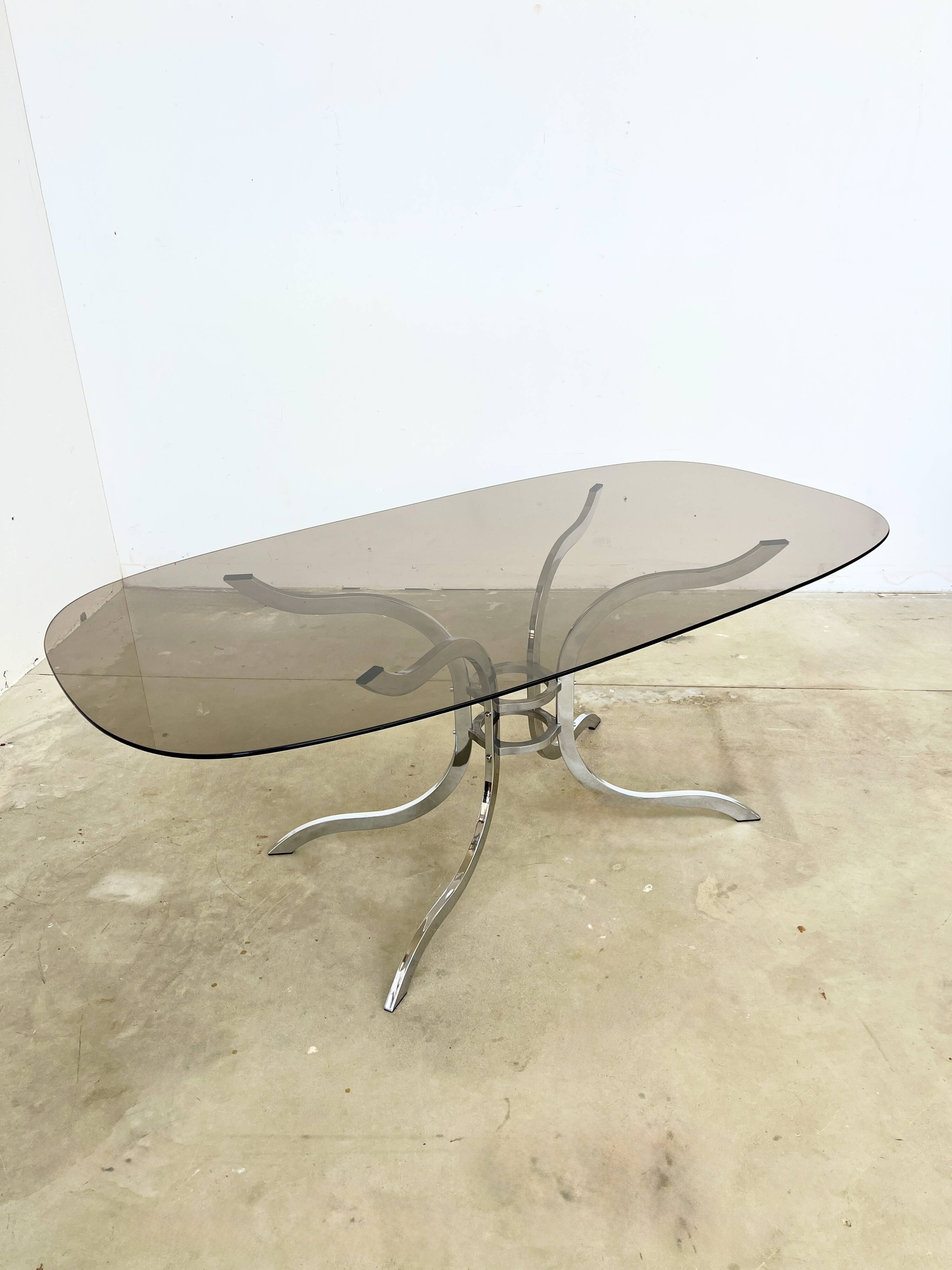 Oval smoked glass and chrome dining table, 1970s