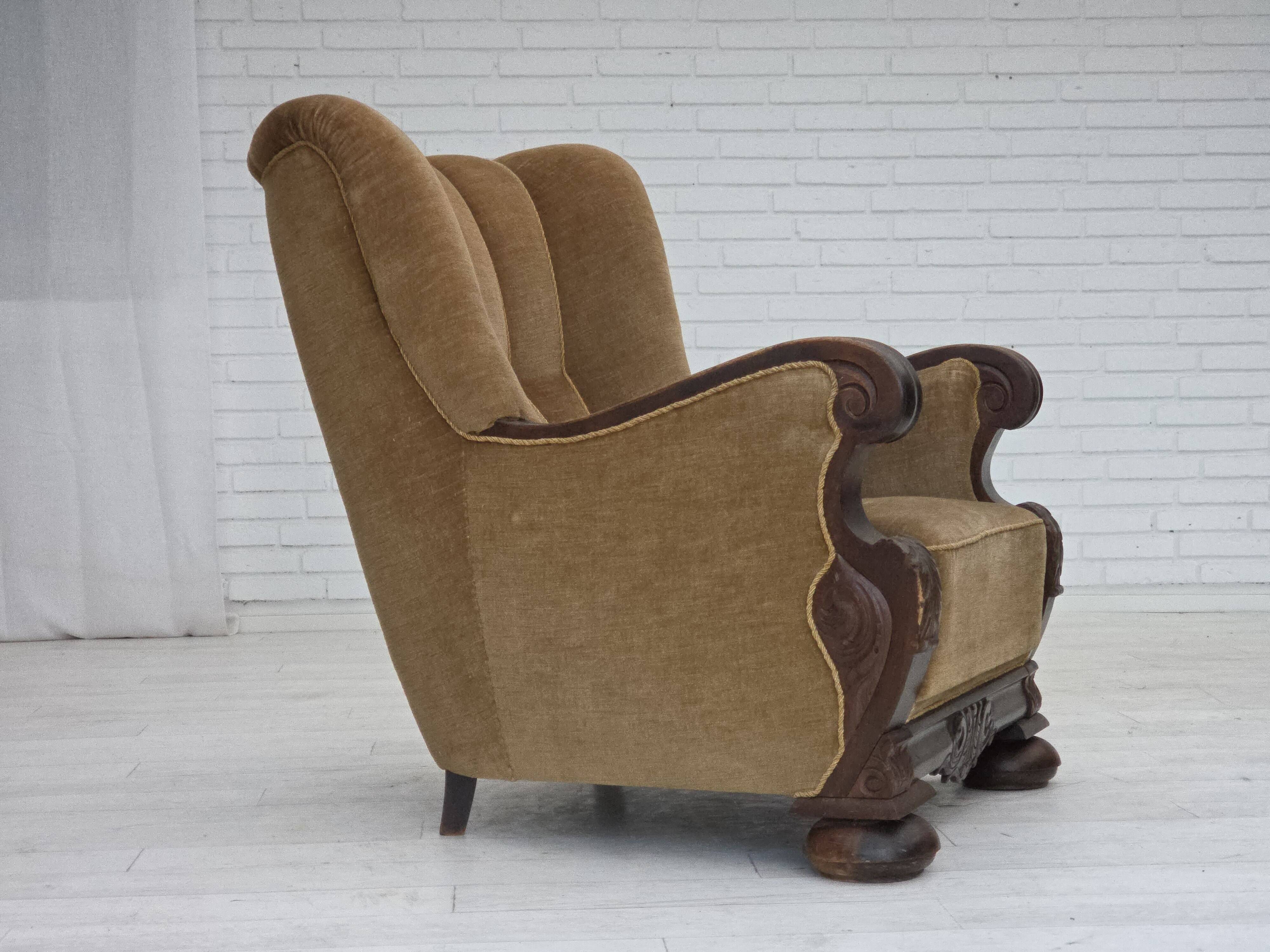 1960s, Danish relax chair, original green furniture velour, oak wood.