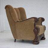 1960s, Danish relax chair, original green furniture velour, oak wood.