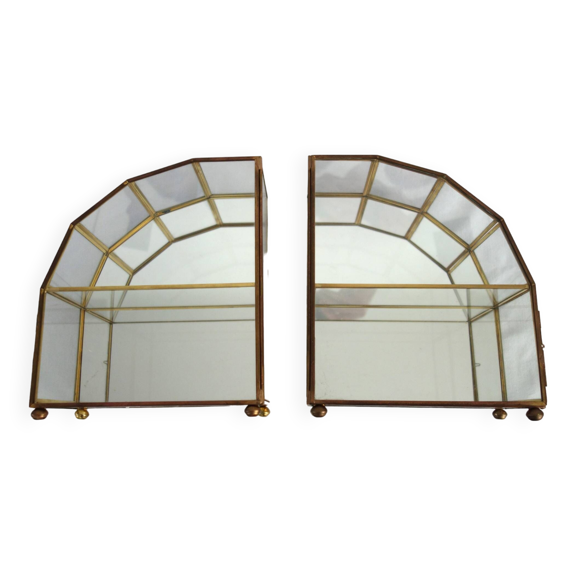 Pair of gilded brass, glass, mirror display cases from the 60s