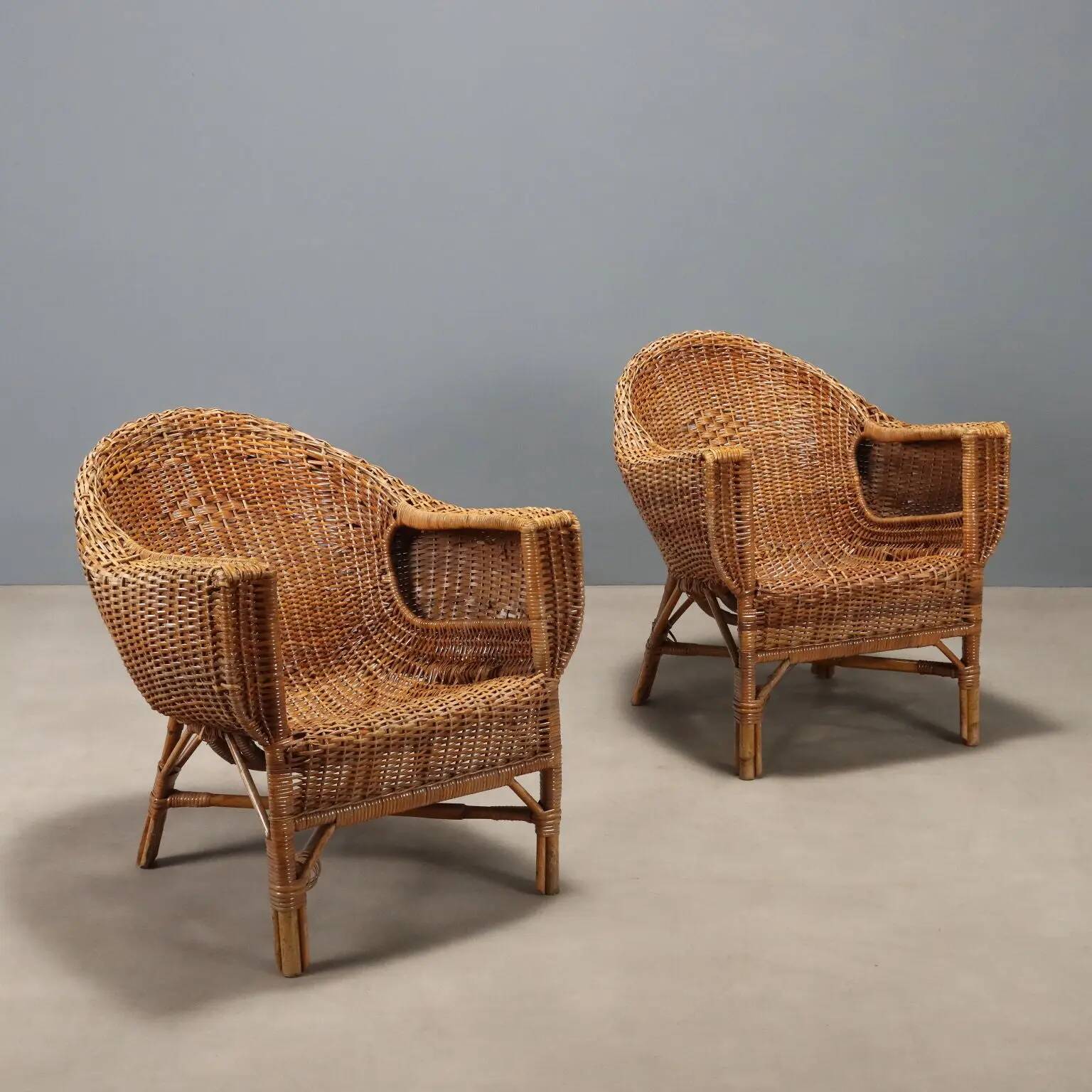 Vintage bamboo and wicker armchairs, Italy, 1950s-1960s.