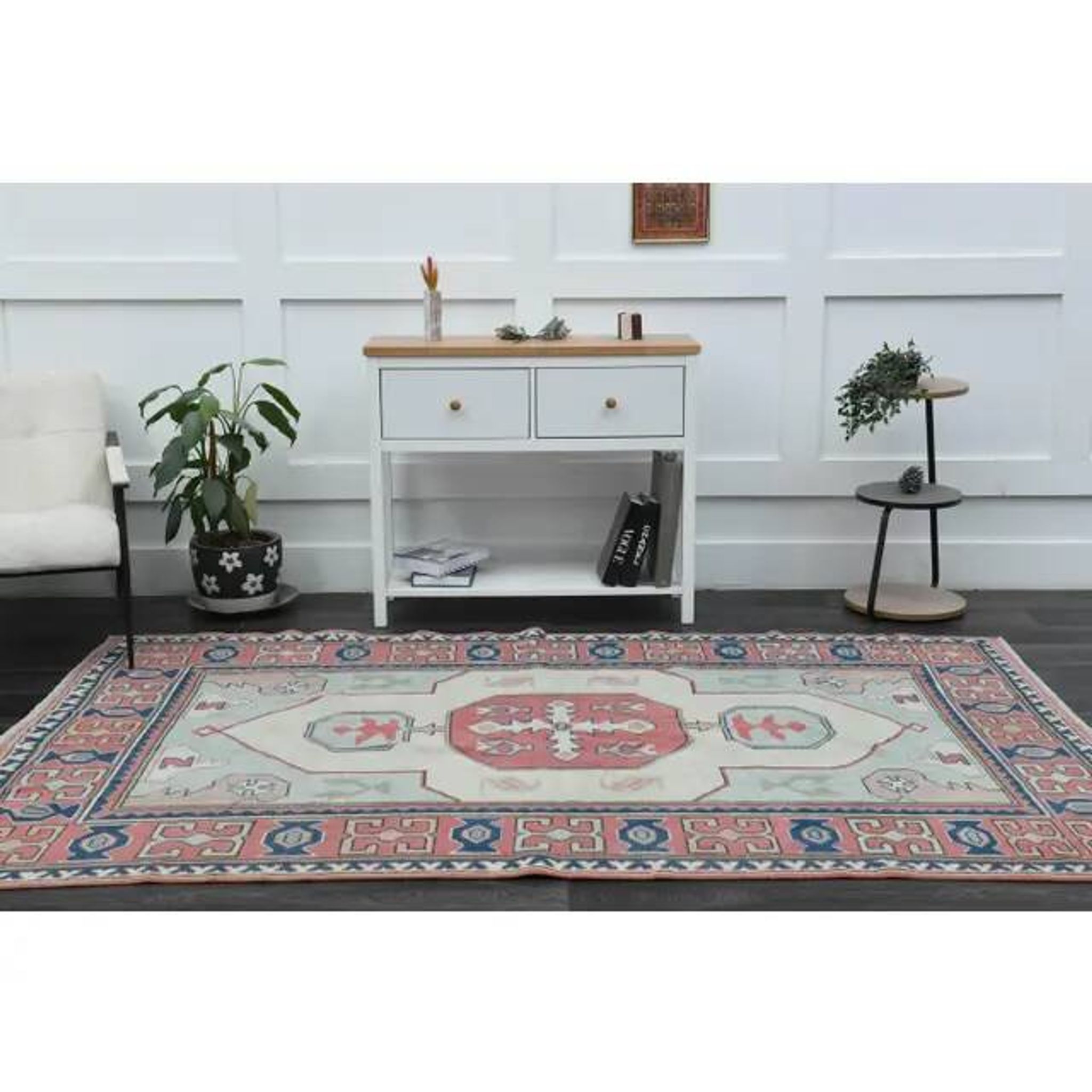 1970s Vintage Turkish Handmade Wool & Cotton Pink Area Rug 175x265