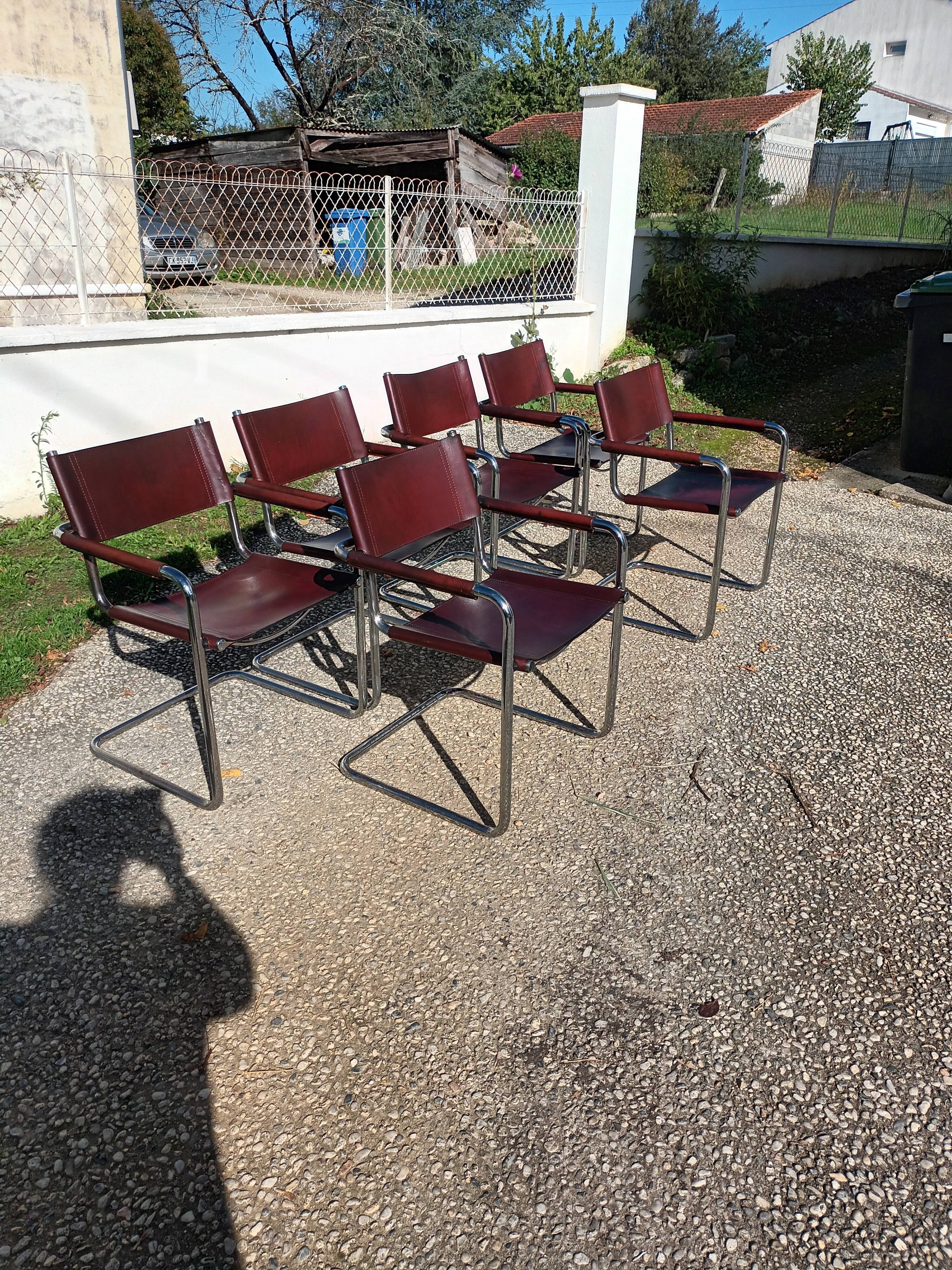 Set of 6 brown leather armchairs