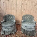 Pair of Napoleon III frog armchairs in grey-blue velvet