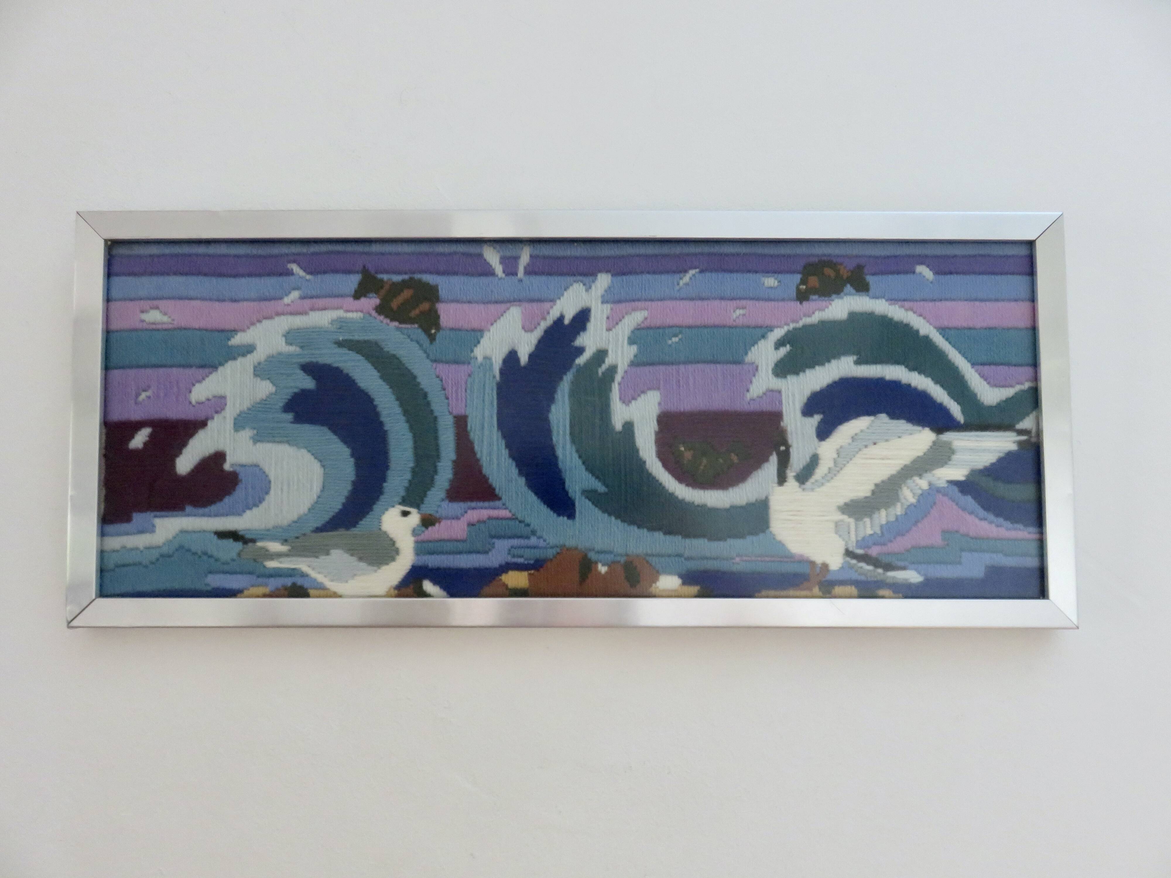 Futuristic tapestry, made of wool, framed, seagulls, ocean, fish, 1970.