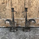 Signed zoomorphic iron candle holders