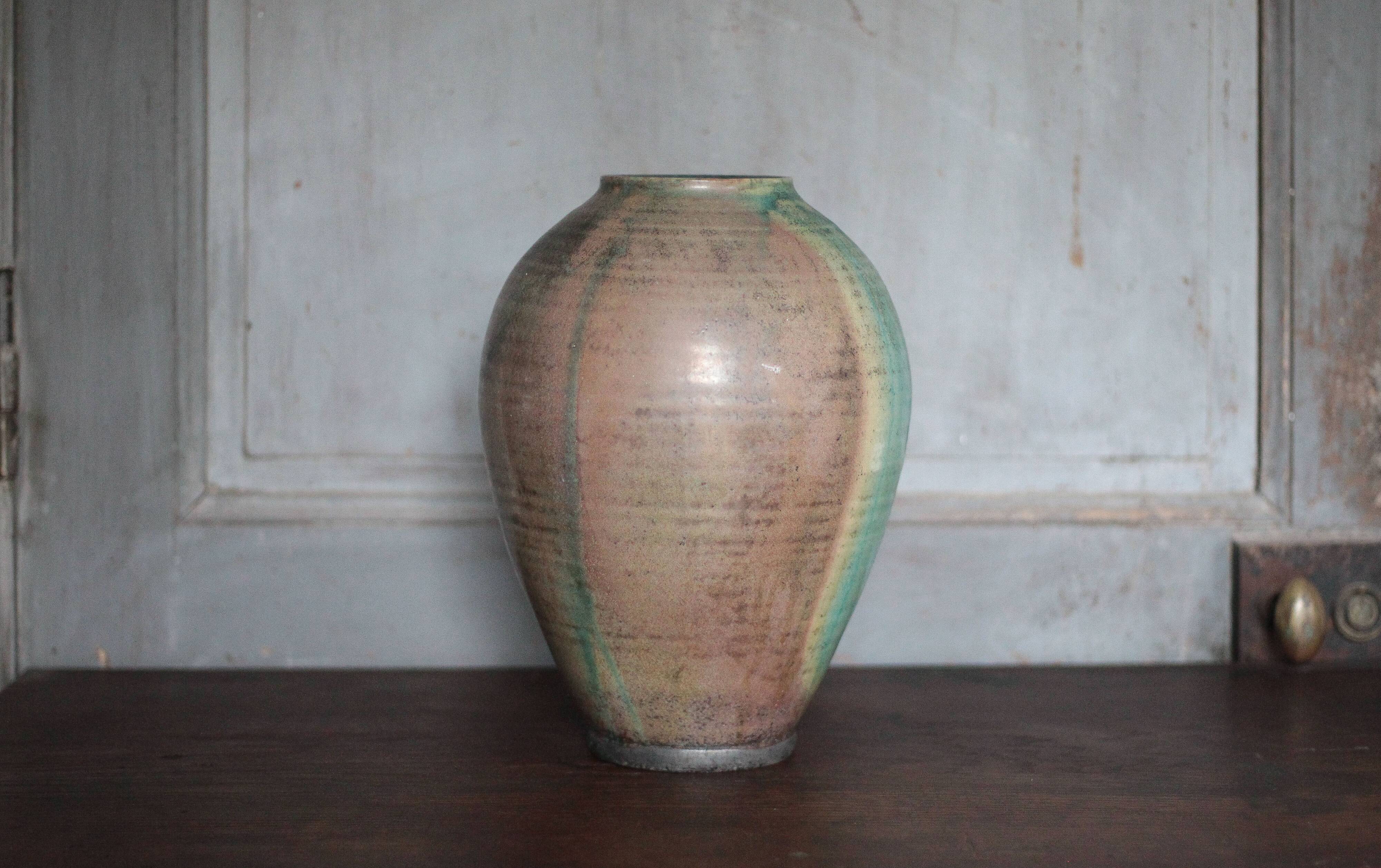 Glazed green ceramic vase signed AB, pottery, flower pot, vase.