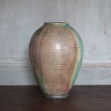 Glazed green ceramic vase signed AB, pottery, flower pot, vase.