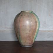 Glazed green ceramic vase signed AB, pottery, flower pot, vase.