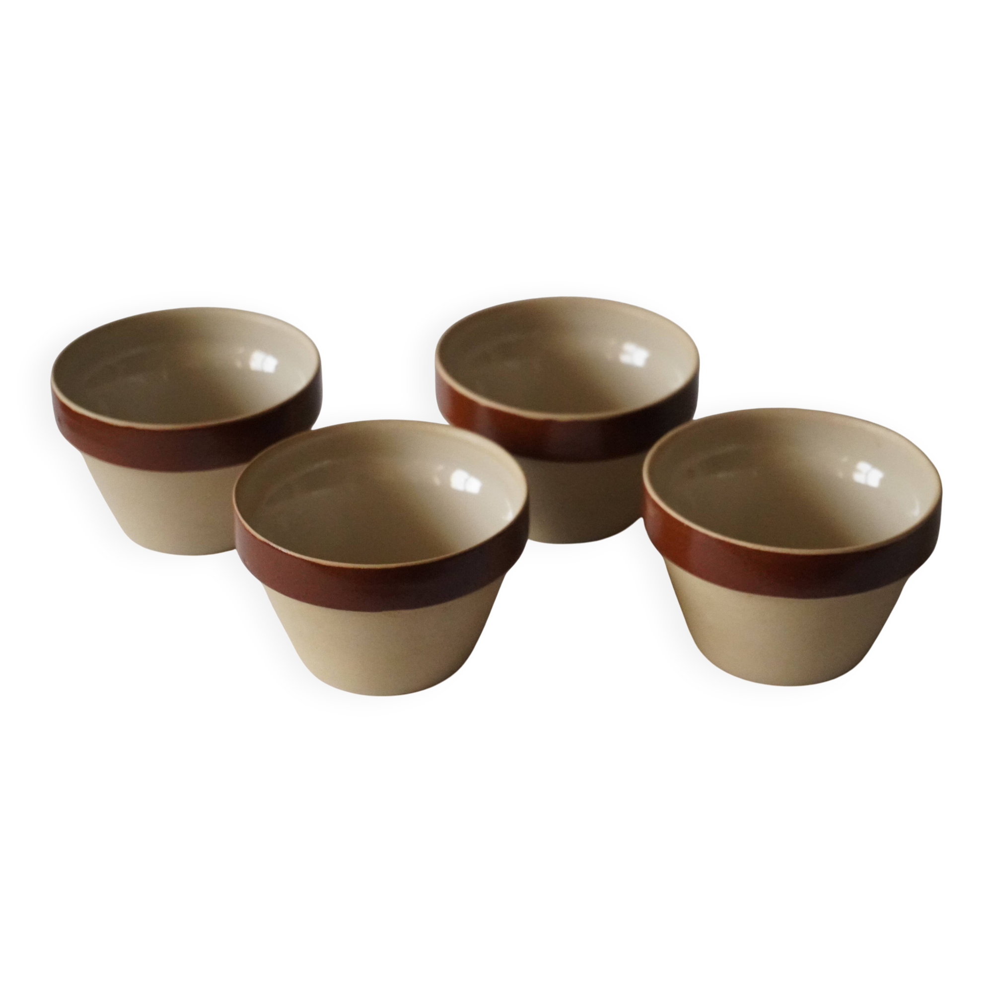 Set of 4 small stoneware bowls, beige and brown, Digoin France
