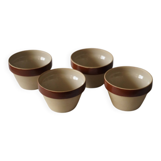 Set of 4 small stoneware bowls, beige and brown, Digoin France