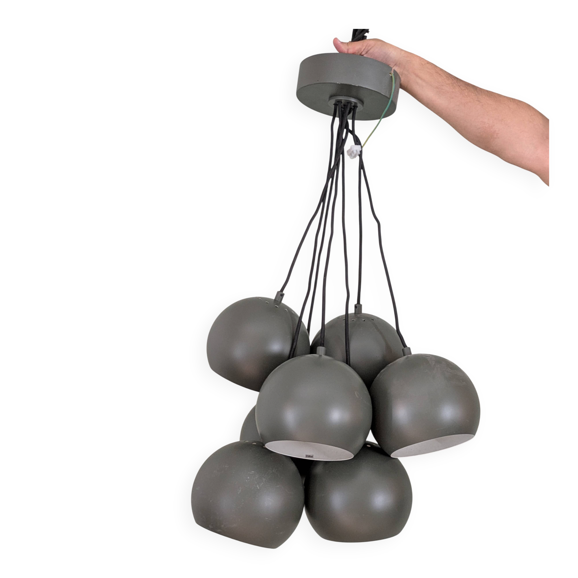 Khaki lamp with 7 bulbs.