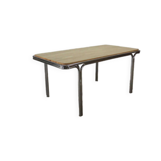 Tubular frame table with solid oak top