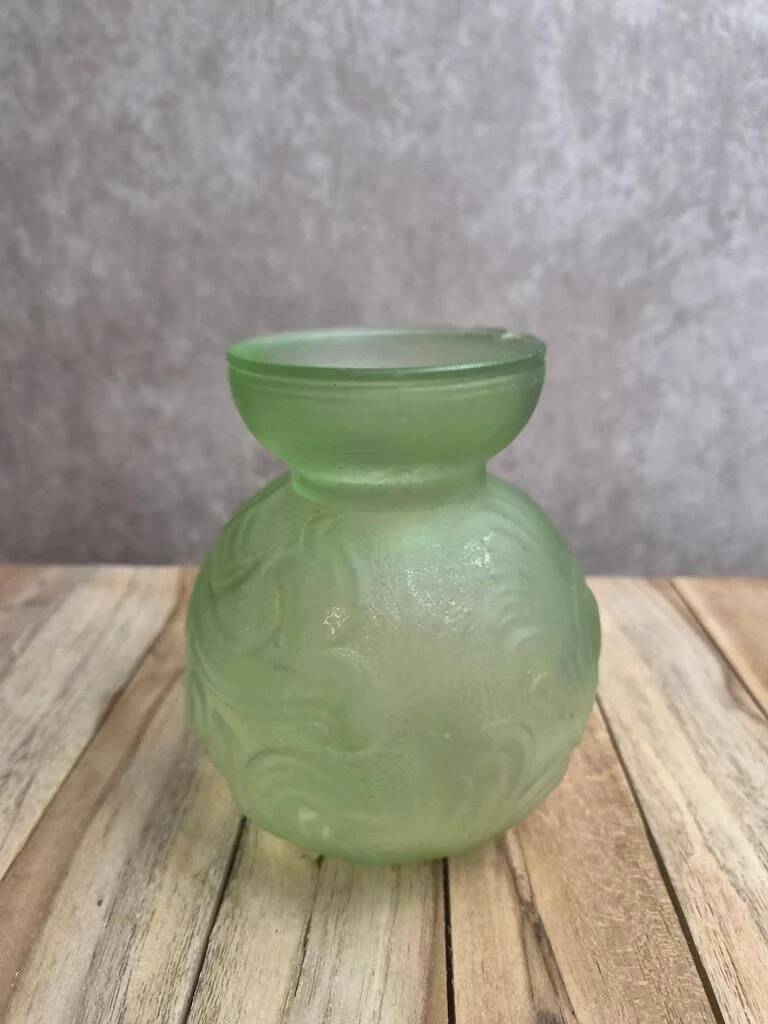 Small Art Deco round vase in moulded green pressed glass – relief decoration