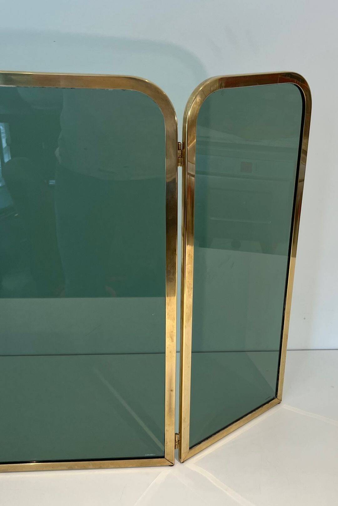 Three-Panel Folding Fire Screen in Tinted Green Glass with Brass Frame