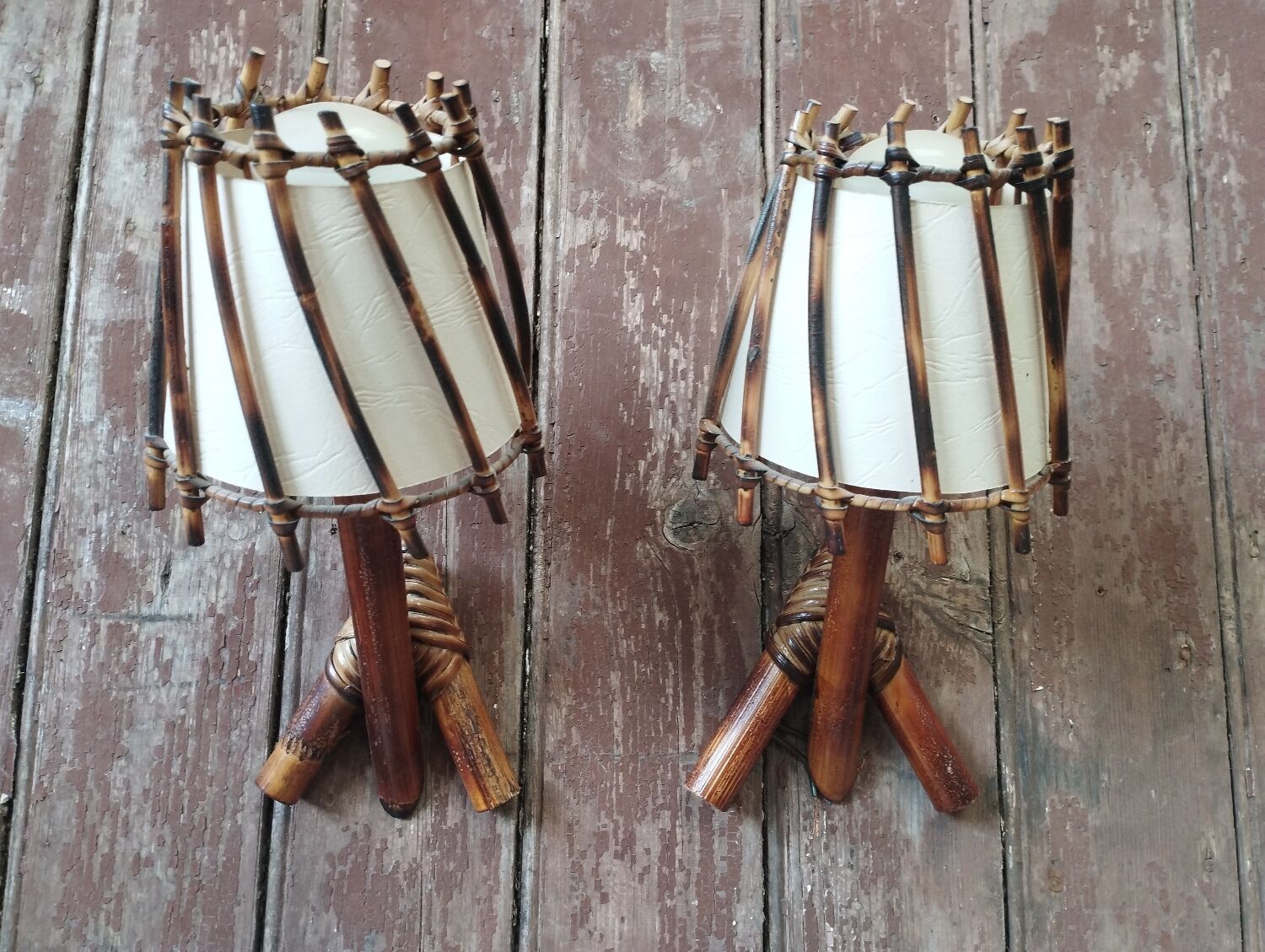Pair of vintage rattan and bamboo wall lights