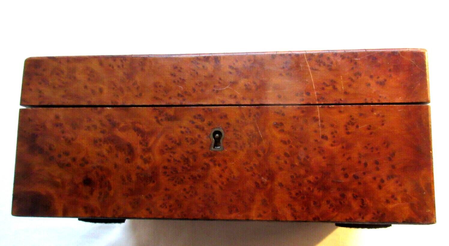 19th century Napoleon III box, blue silk padded jewelry box in elm burl
