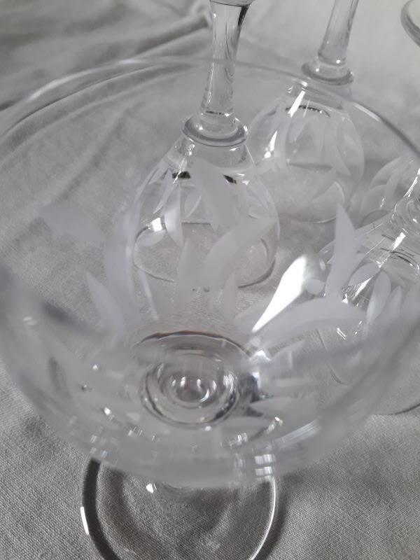 5 small engraved crystal stemmed glasses