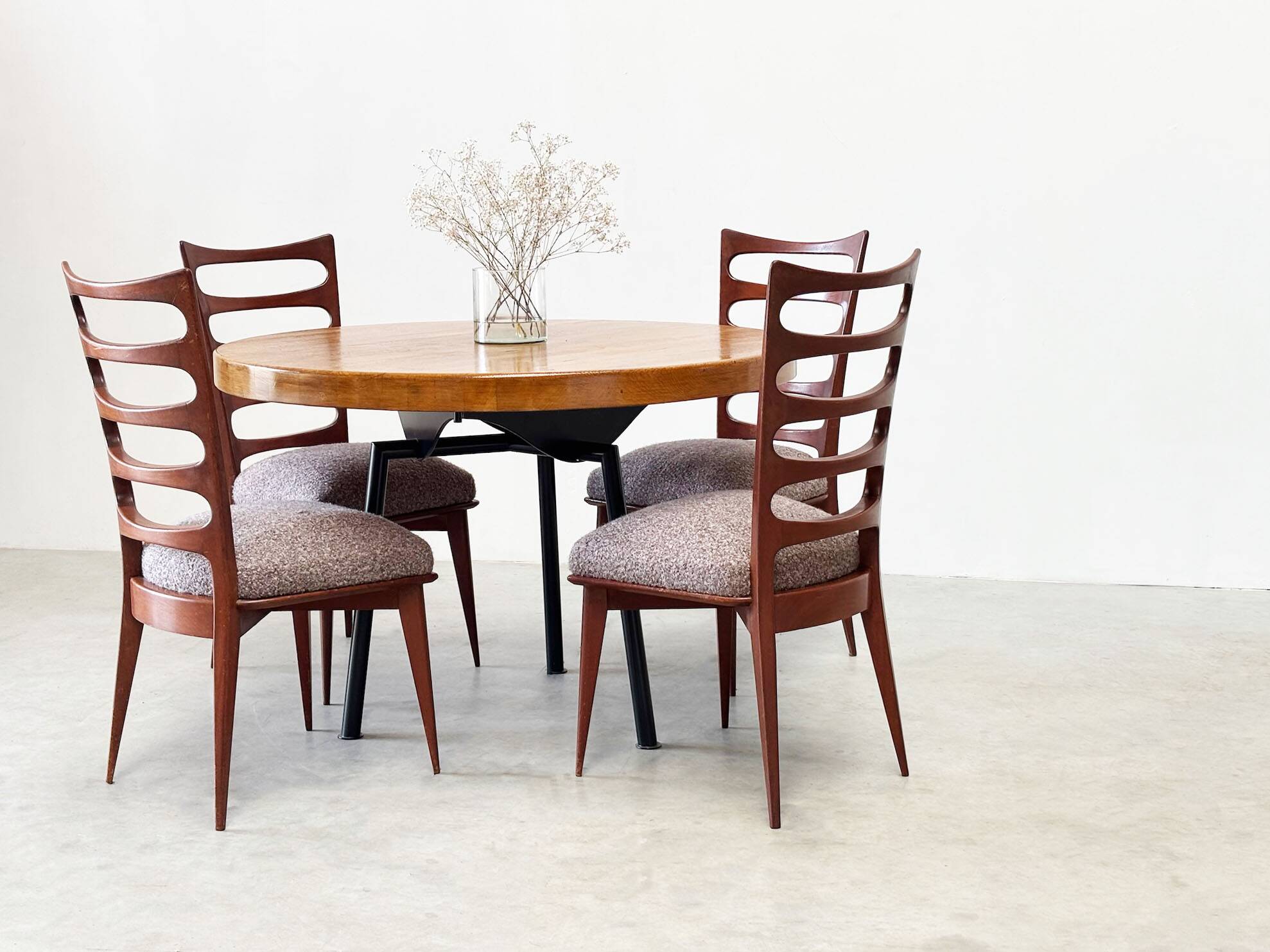 Industrial French round dining table with oak top