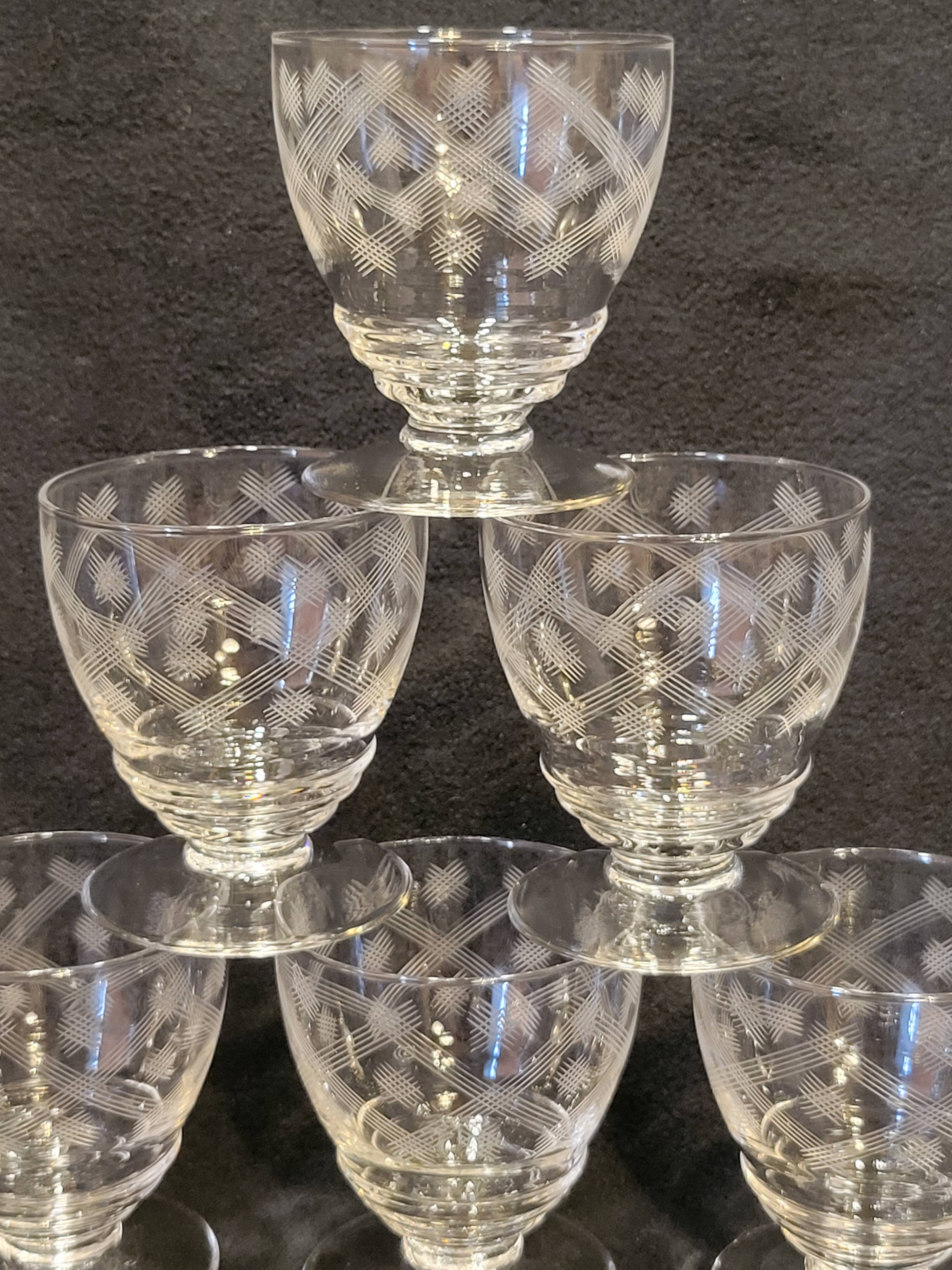 10 old port wine glasses in engraved art deco chiseled crystal