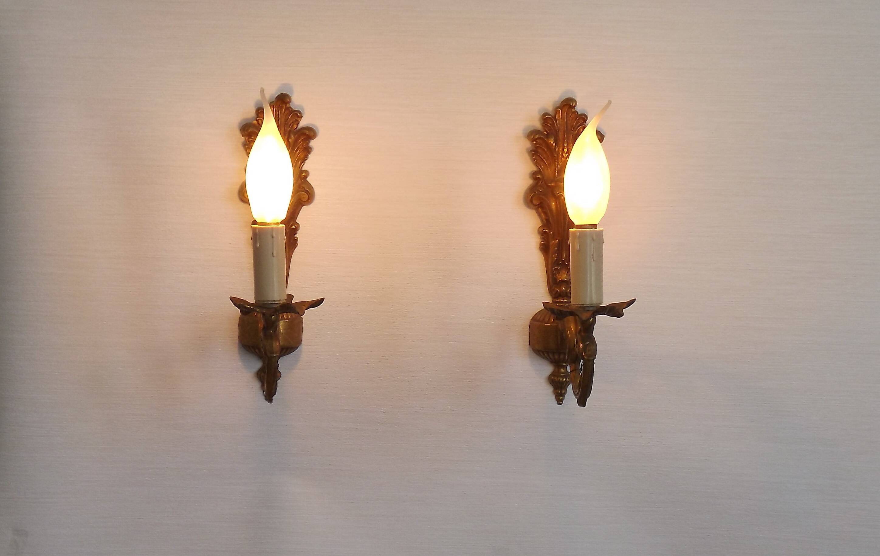 Pair French Gilt Bronze Single Wall Sconces Leaf & Feather Plume Detail