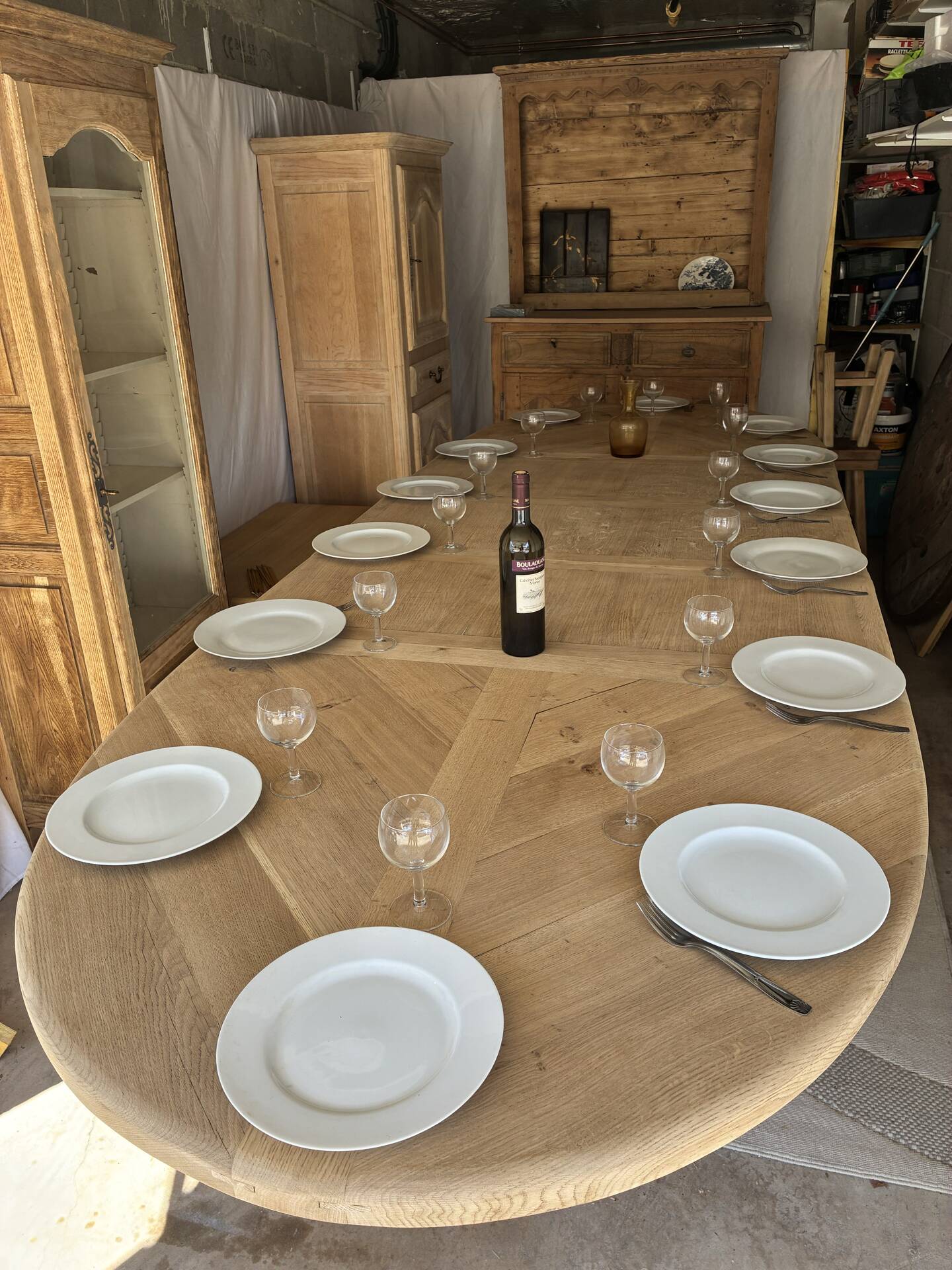 Solid oak farmhouse table with extensions.