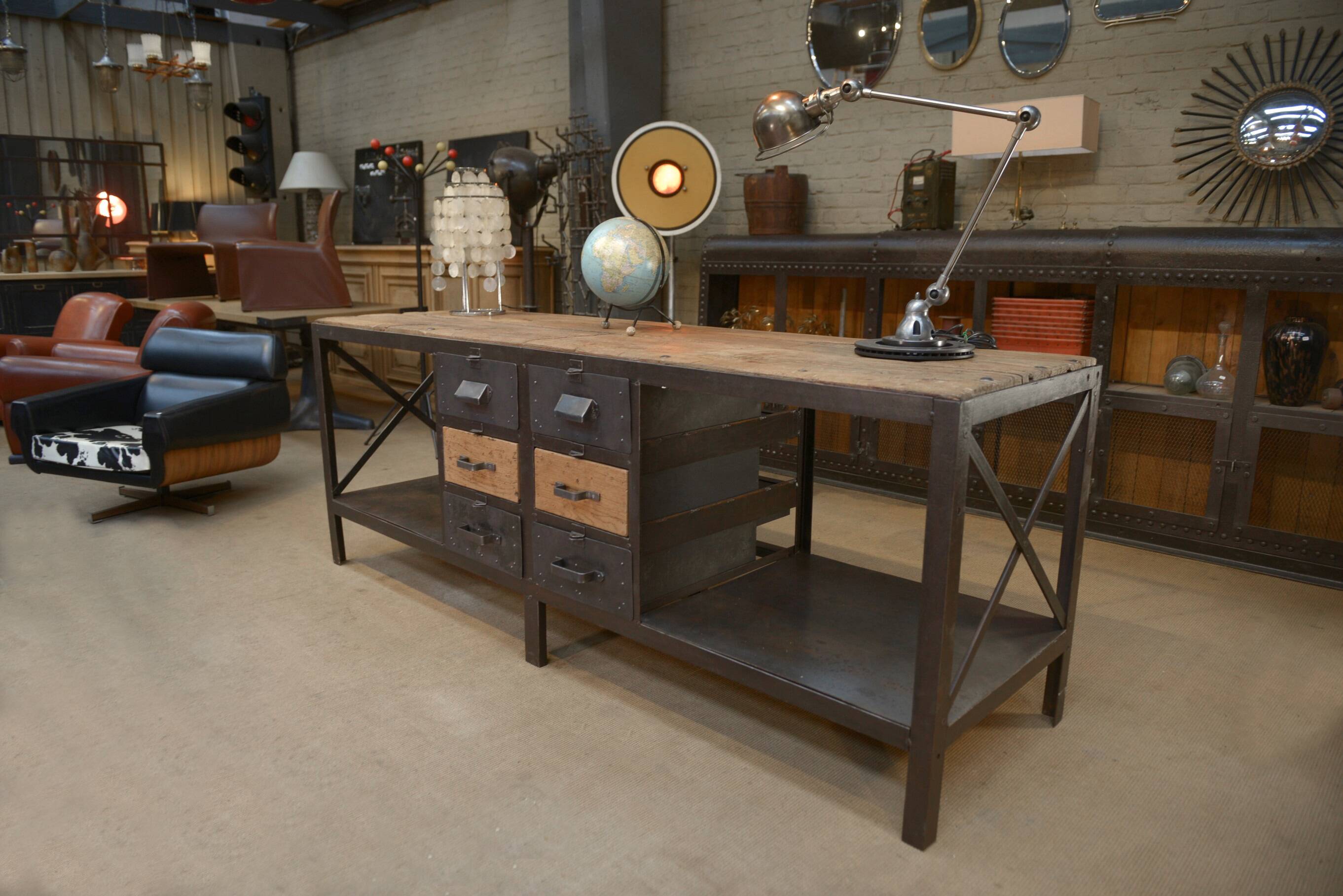 Industrial sideboard from metal and wood factory 1950