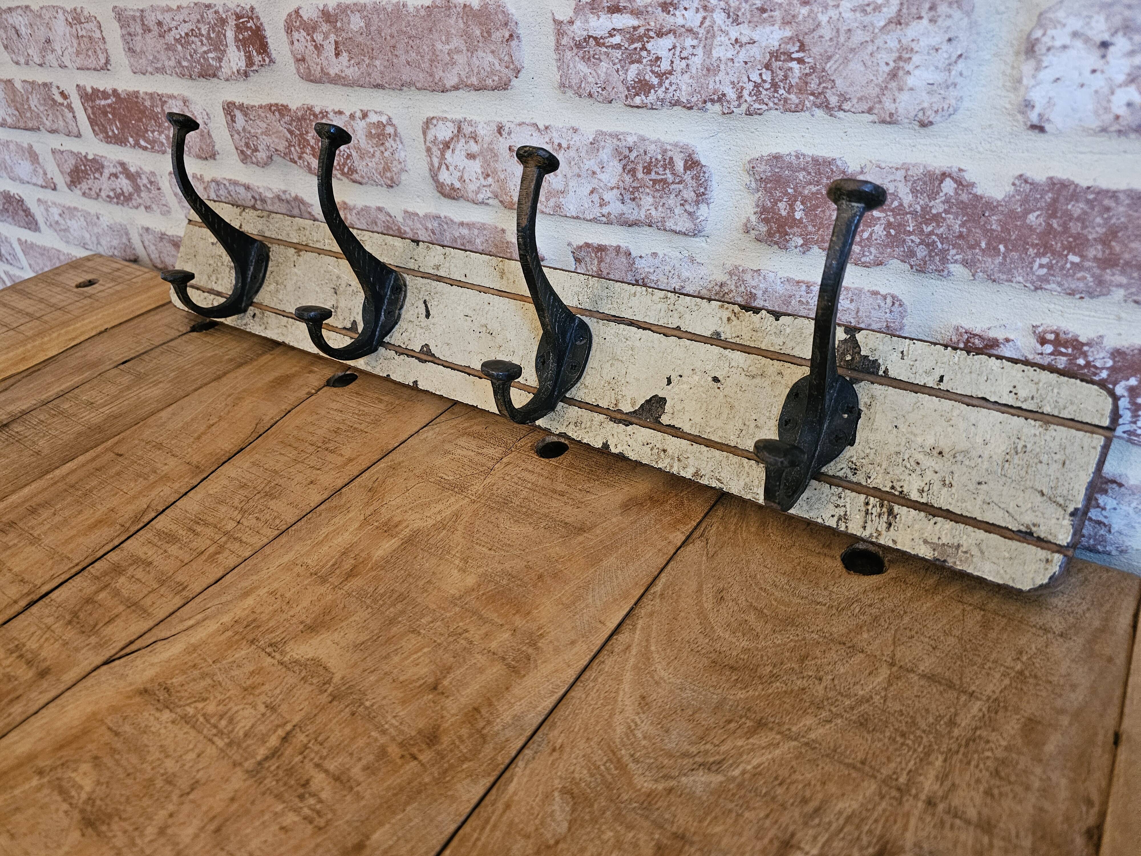 Solid teak coat hook with 4 double cast iron hooks