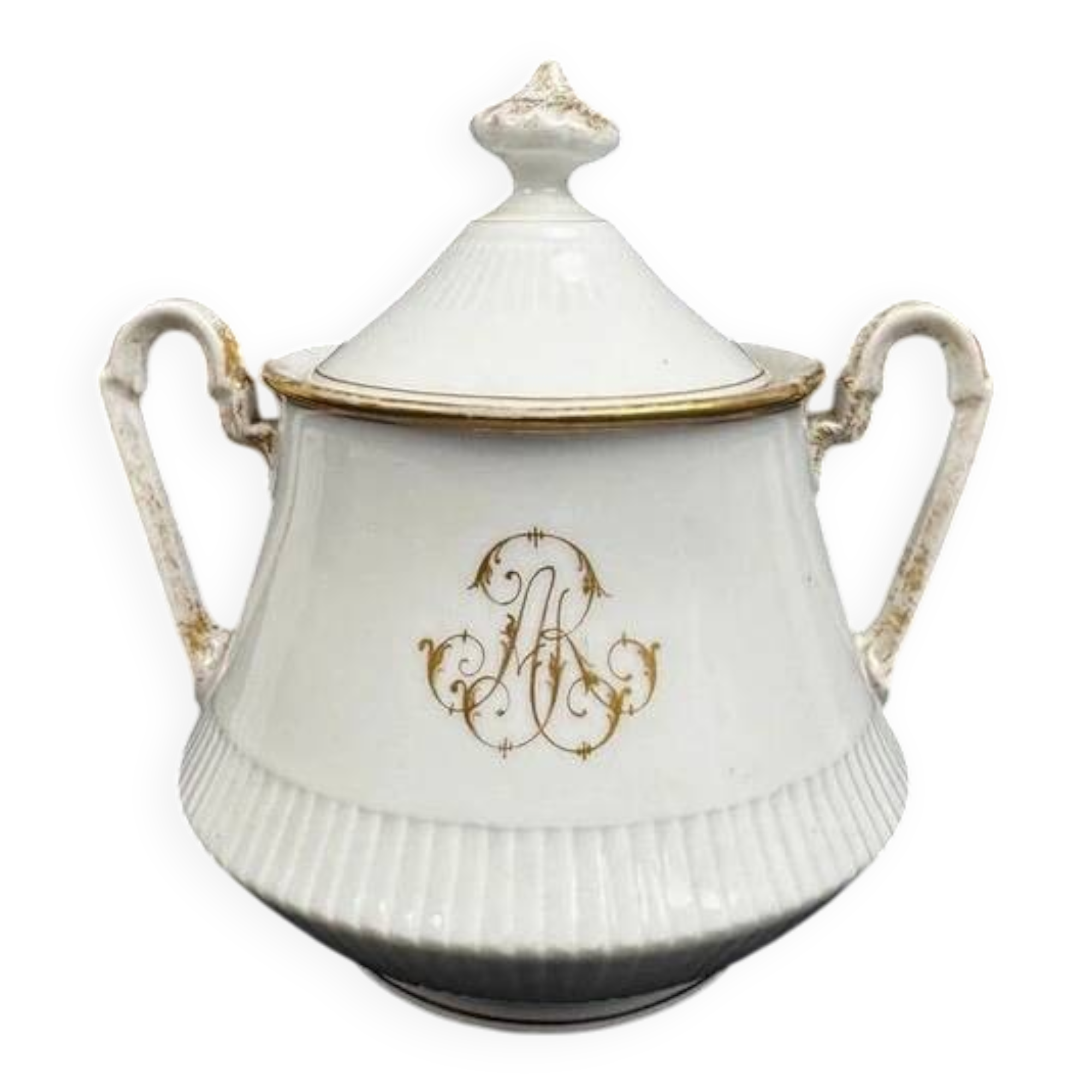 Large 19th century Paris porcelain sugar bowl with ARJ gold monogram
