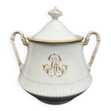 Grand sucrier en porcelaine de Paris XIXe à monogramme doré ARJ