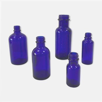 Set of 5 cobalt blue glass pharmaceutical vials