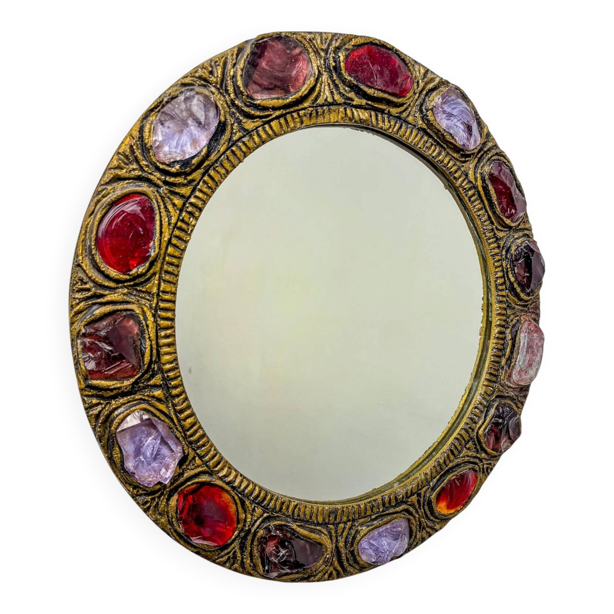 Italian mid-century mirror by Creaciones Gobesso, red & purple Murano rock crystals, 1960s