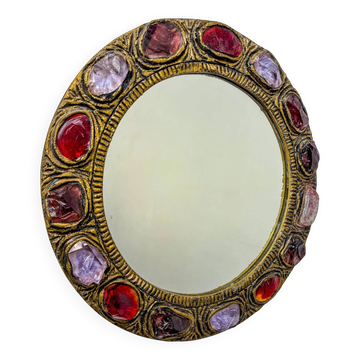 Miroir italien du milieu du siècle par Creaciones Gobesso, cristaux de roche Murano rouges et violets, années 1960.
