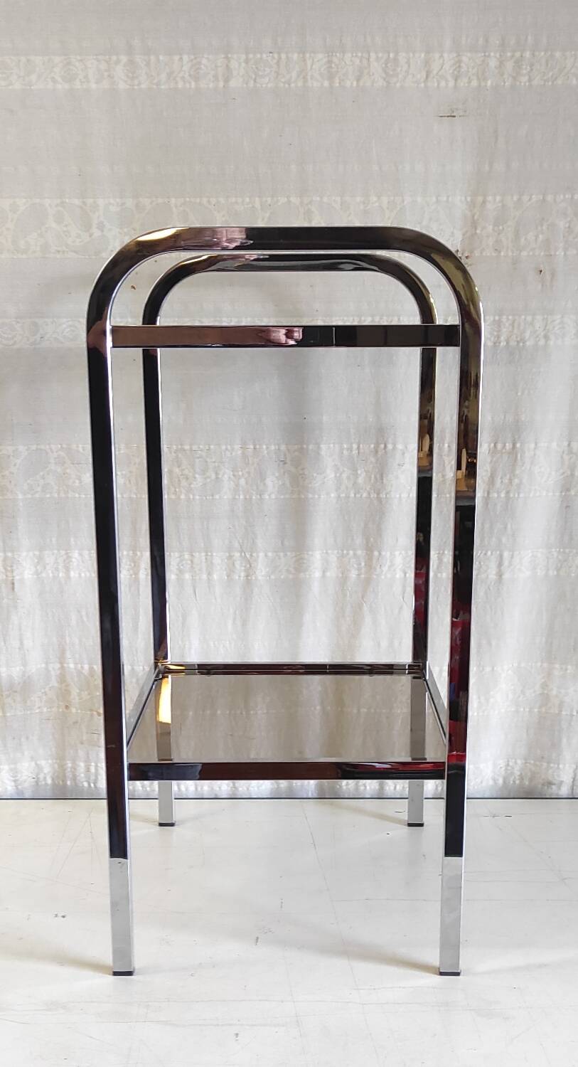 Side table in chrome metal and smoked glass - 70s/80s