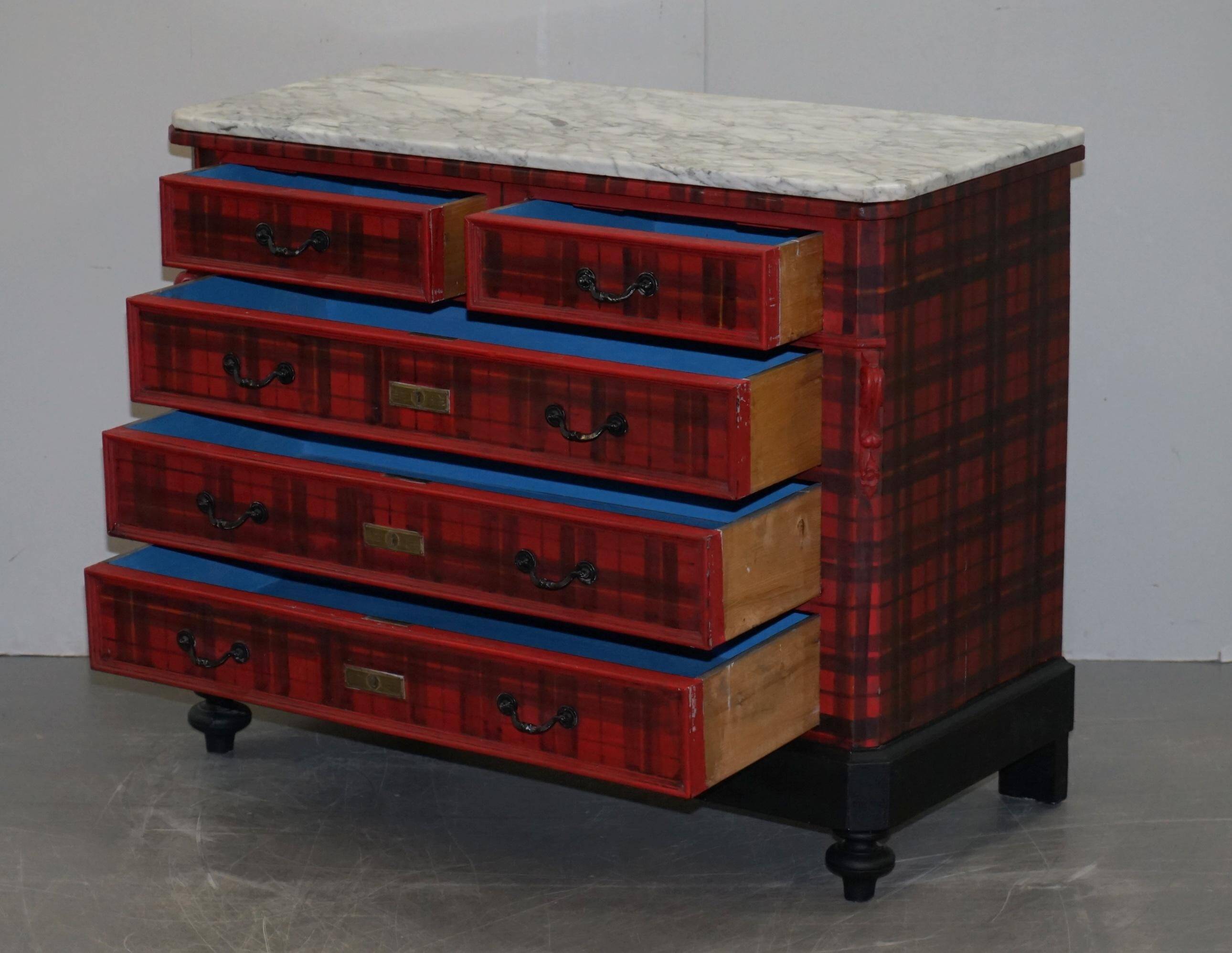 Victorian Commode with Tartan Upholstery and Marble Top
