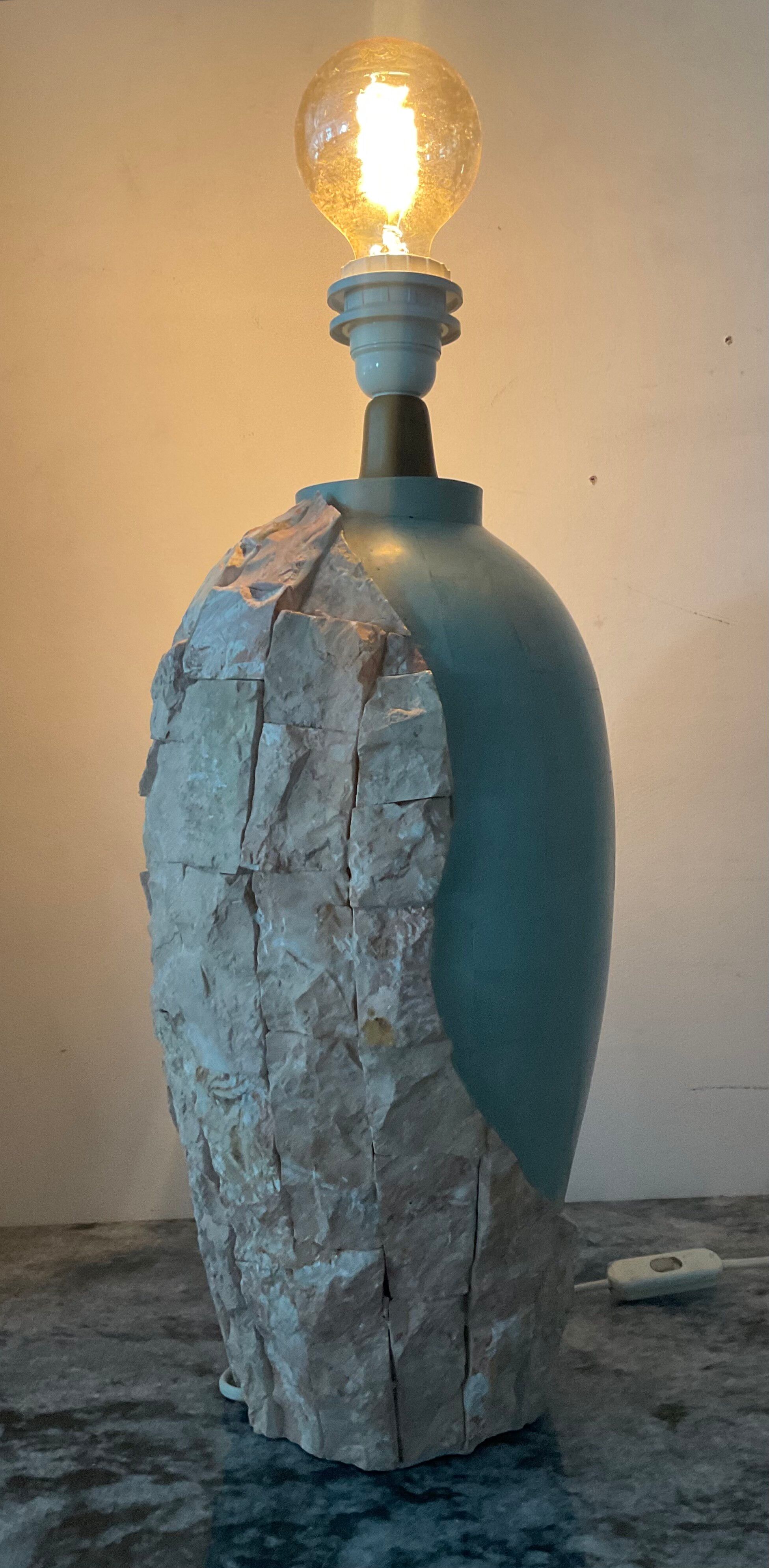Vintage lamp base in Mactan stone and green marble.