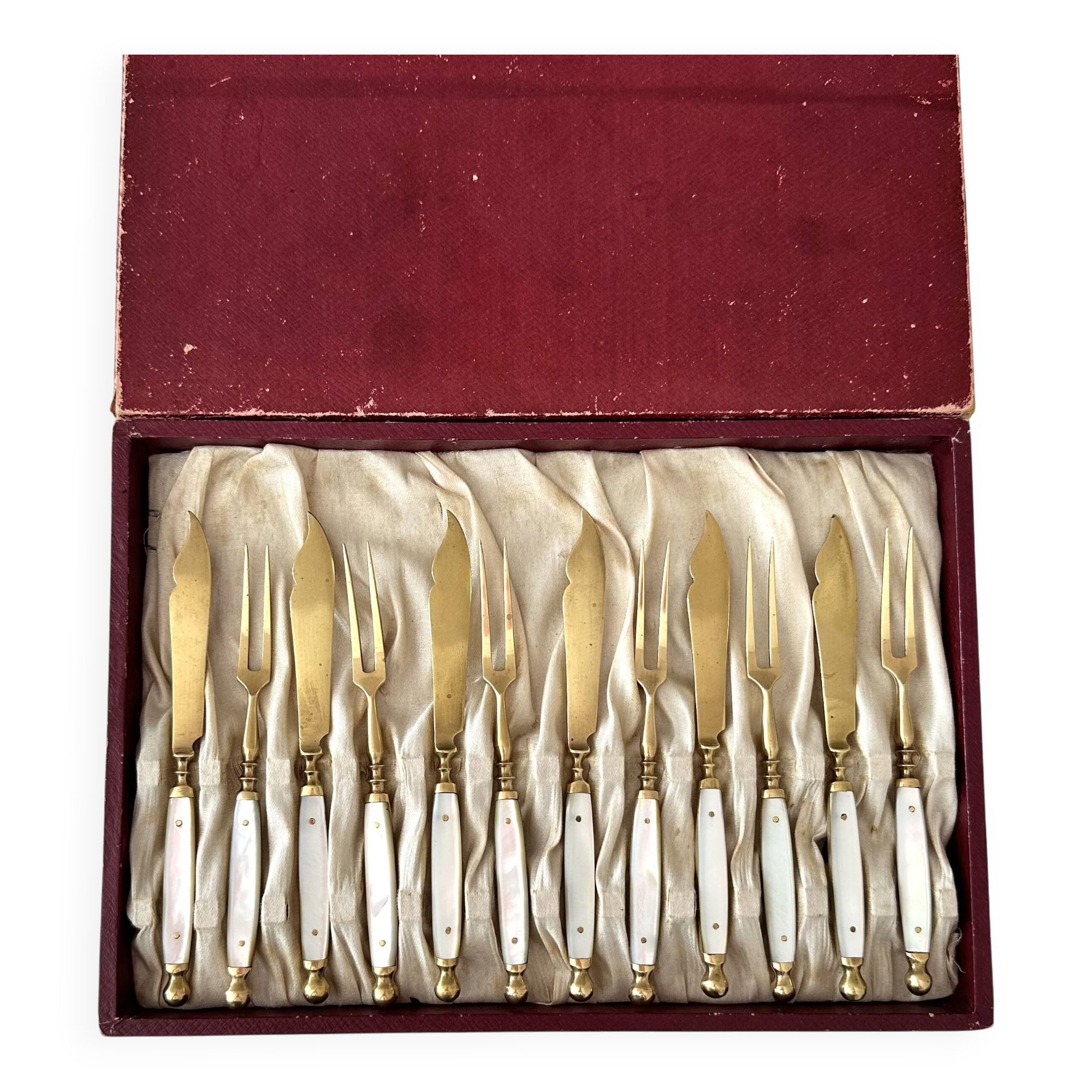 Antique Fruit Cutlery Set for 6 · Brass & Mother-of-Pearl · Original Box