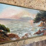 Leduc XXeme : immense tableau vue Meditéranéenne huile sur toile