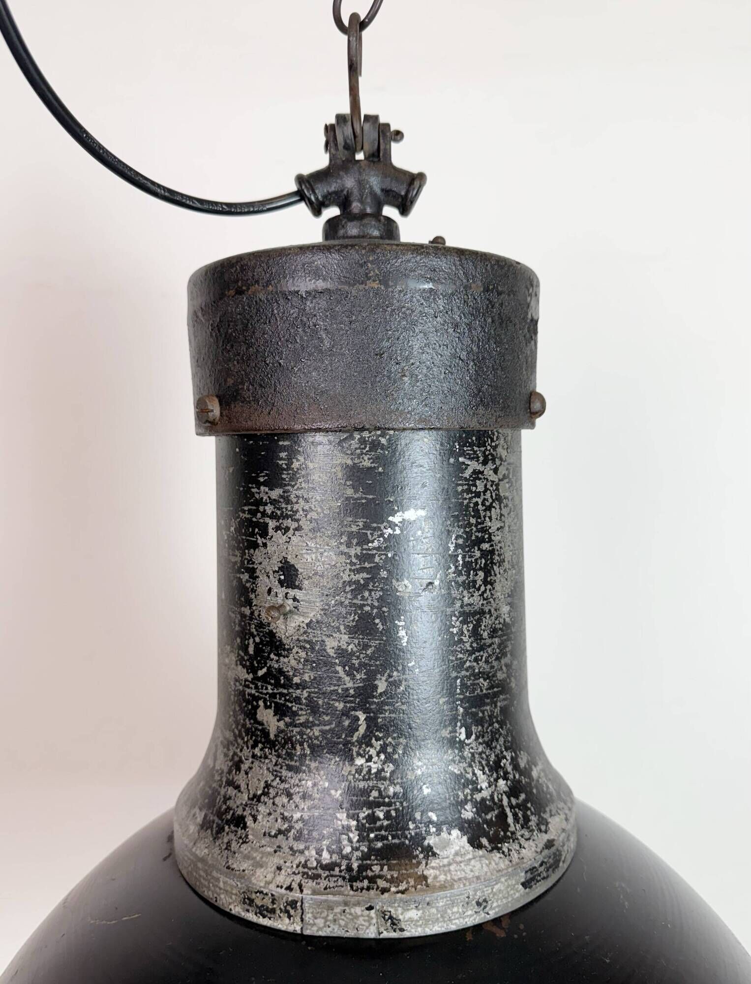 Large Industrial Factory Black Pendant Lamp with Cast Iron Top, 1950s