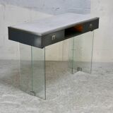 Modernist console, 1960s, glass base, wooden and fabric top.
