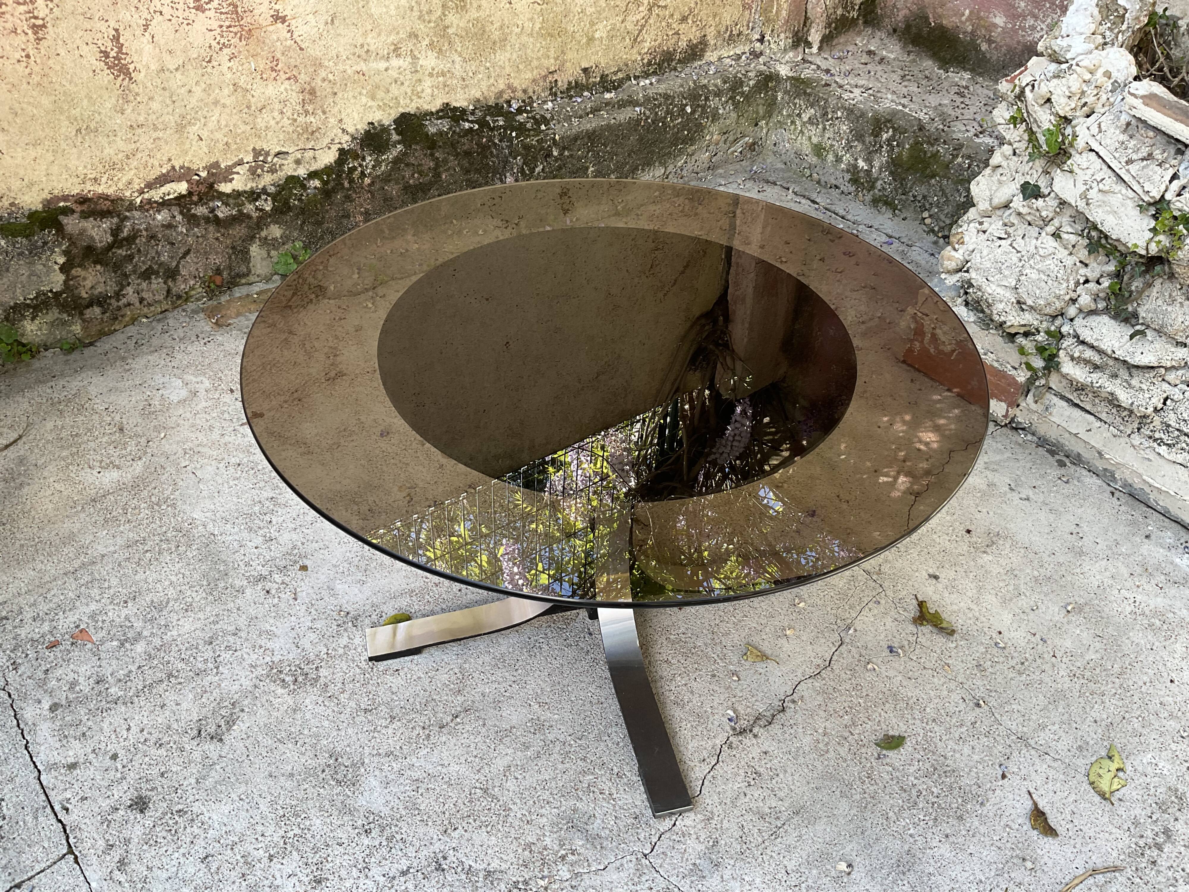 Adjustable coffee table in smoked glass, steel and stainless steel from the 70s