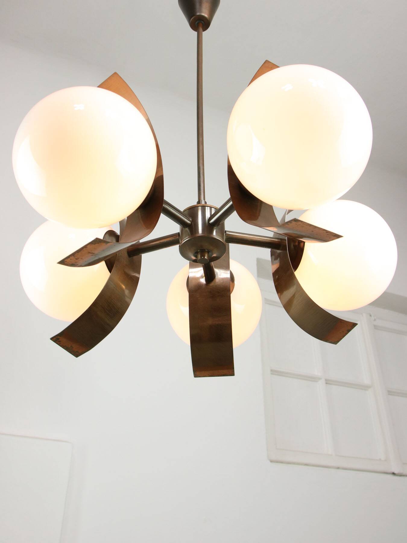 Vintage Italian Copper & Opaline Chandelier, 70s