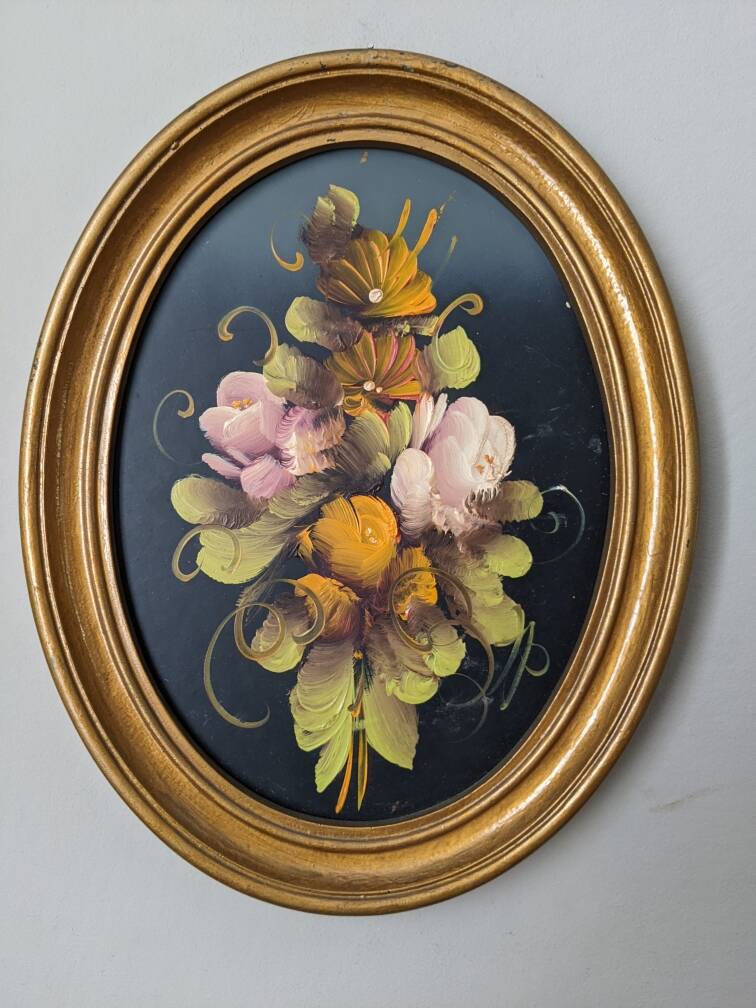 Tableau ancien cadre ovale nature morte fleurs campagne acrylique sur bois