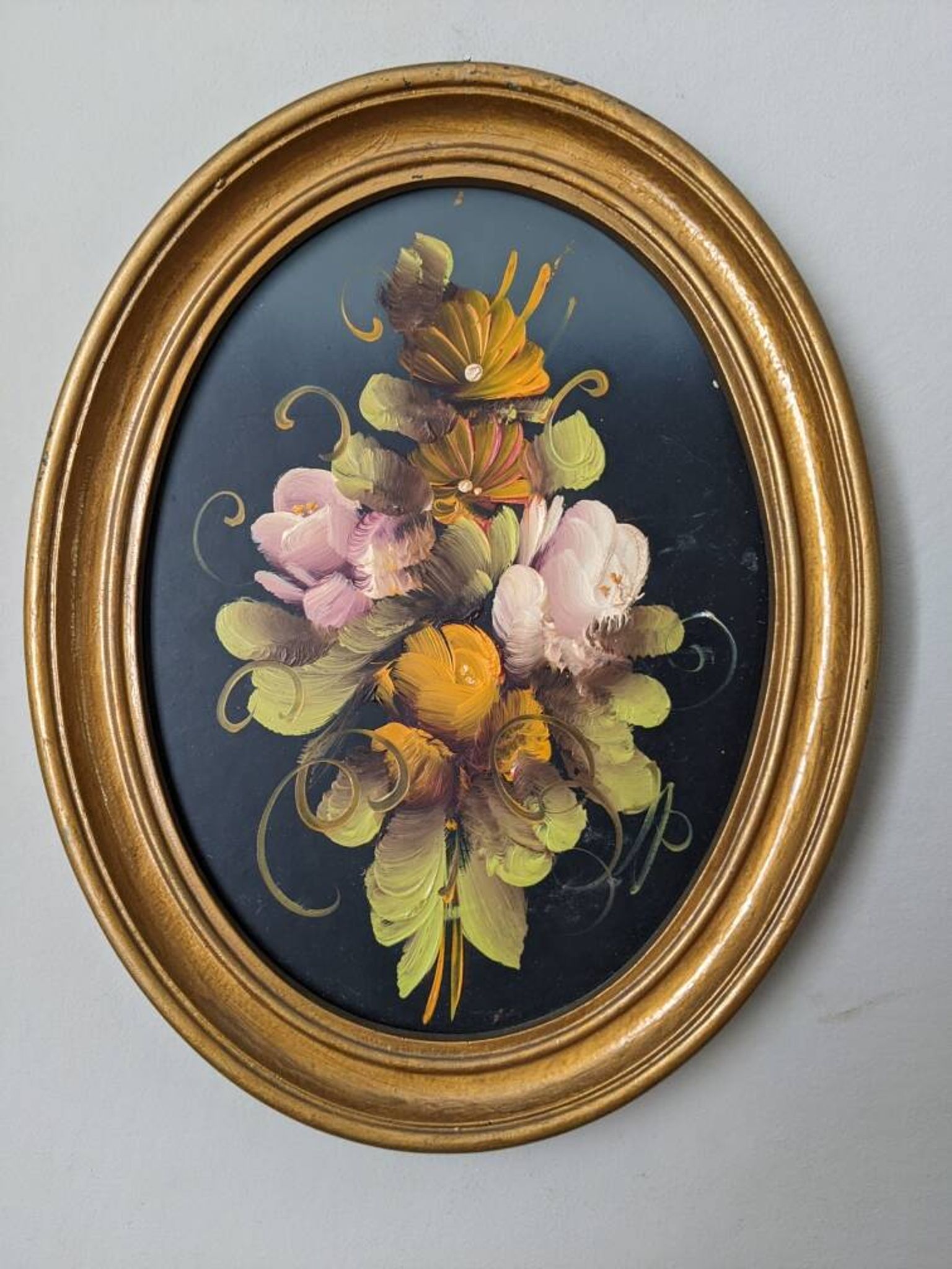 Antique painting oval frame still life countryside flowers acrylic on wood
