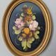 Tableau ancien cadre ovale nature morte fleurs campagne acrylique sur bois