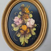 Antique painting oval frame still life countryside flowers acrylic on wood