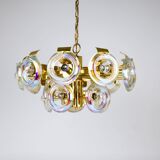 Large brass chandelier by Oscar Torlasco, rainbow optical glass rings, Italy, 1970s.