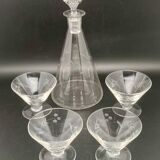 Glassware and bottle set in chiseled glass with flower motif