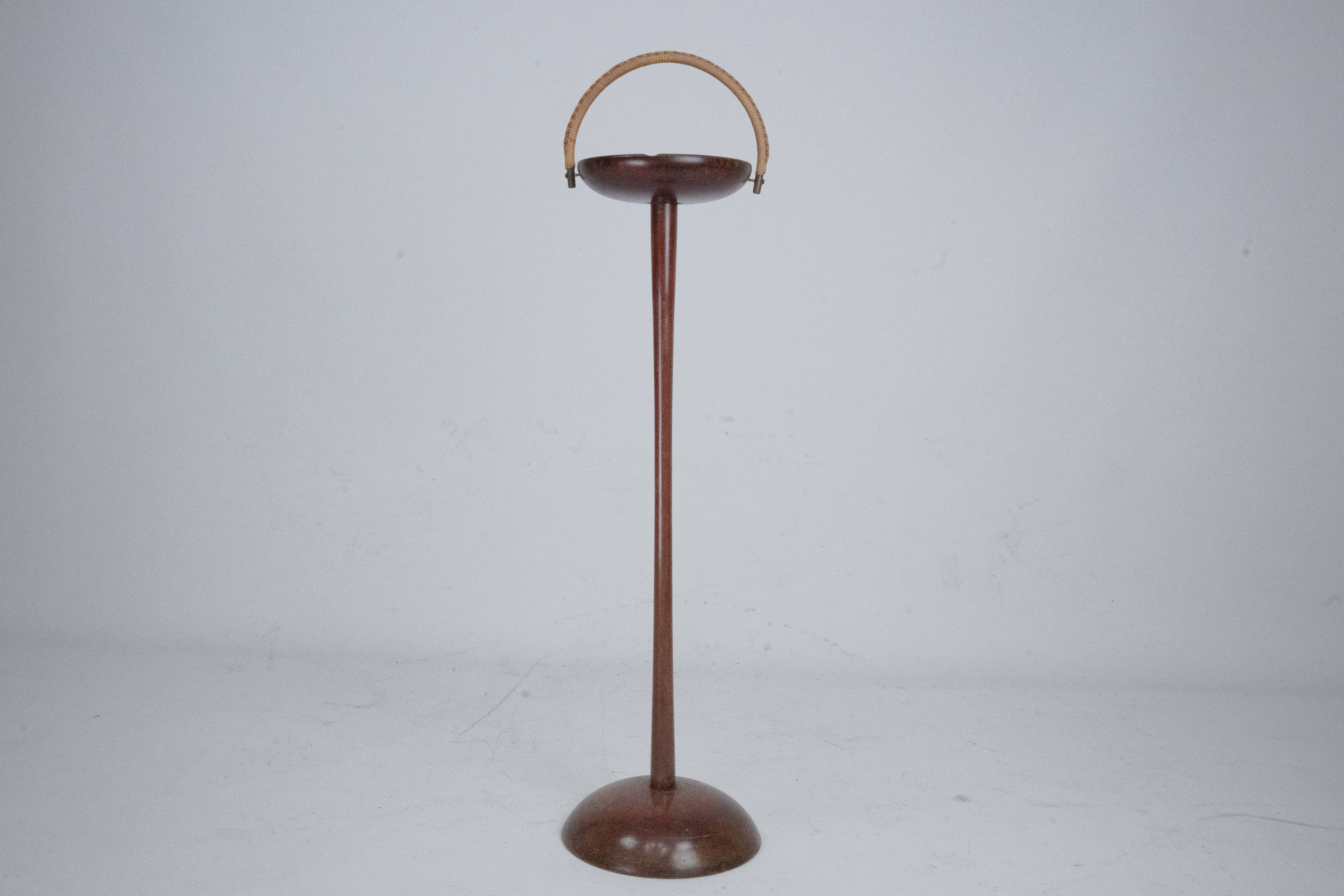 Vintage Wooden Ashtray Stand with Braided Leather Handle. Italy 1950s